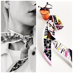 HERMES silk HERMES FACTORY SUITE Twilly 86 Scarf Noir Rose Jaune